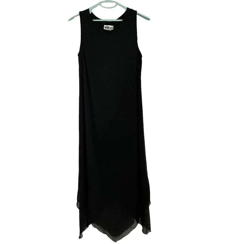 I.N. Studio 12 Black Lined‎ Handkerchief Hem Midi Maxi Dress Goth Minimalist NWT
